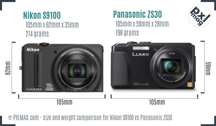 Nikon S9100 vs Panasonic ZS30 size comparison