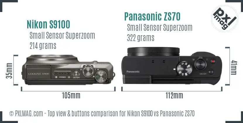 Nikon S9100 vs Panasonic ZS70 top view buttons comparison