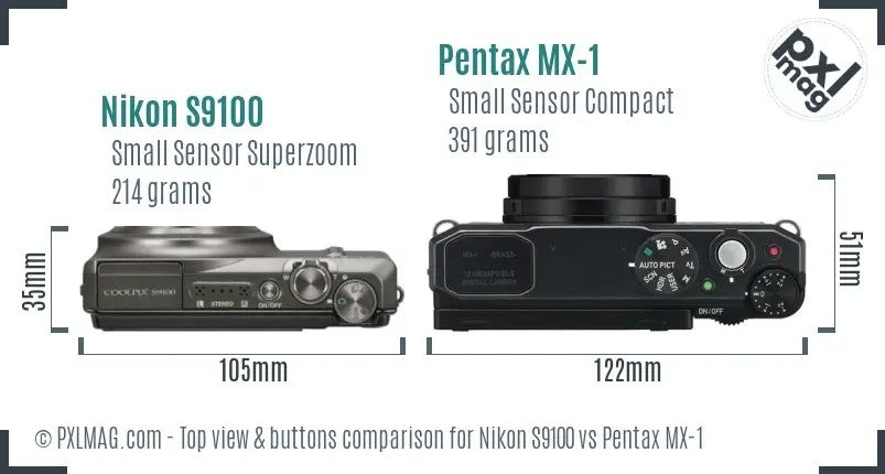 Nikon S9100 vs Pentax MX-1 top view buttons comparison