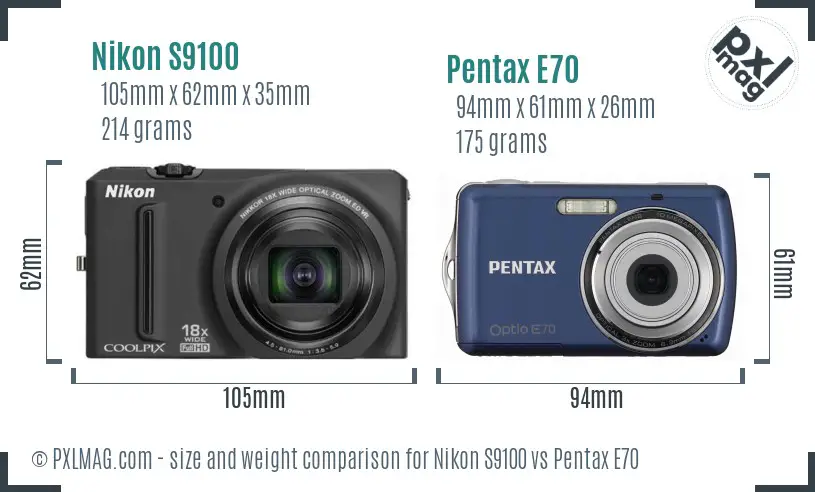 Nikon S9100 vs Pentax E70 size comparison