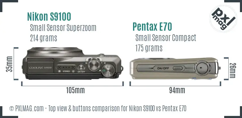 Nikon S9100 vs Pentax E70 top view buttons comparison