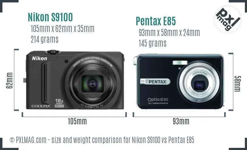Nikon S9100 vs Pentax E85 size comparison