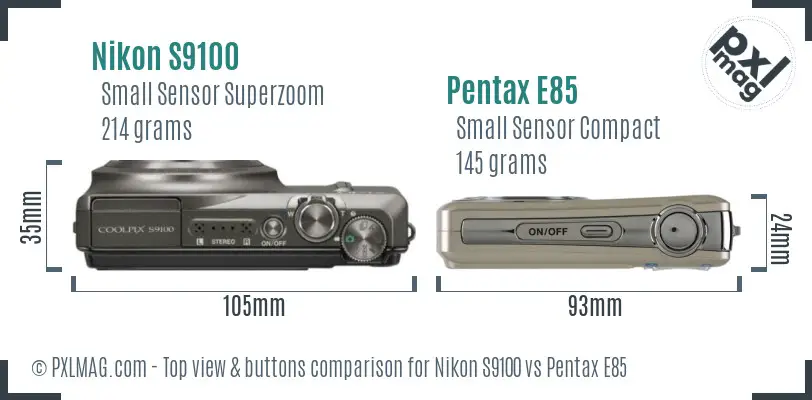 Nikon S9100 vs Pentax E85 top view buttons comparison