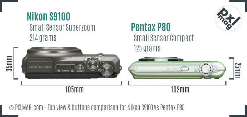 Nikon S9100 vs Pentax P80 top view buttons comparison Nikon S9100 vs Pentax P80 top view buttons comparison