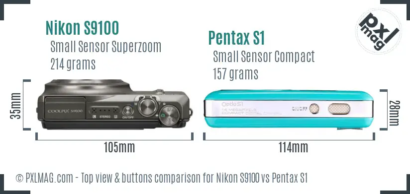 Nikon S9100 vs Pentax S1 top view buttons comparison