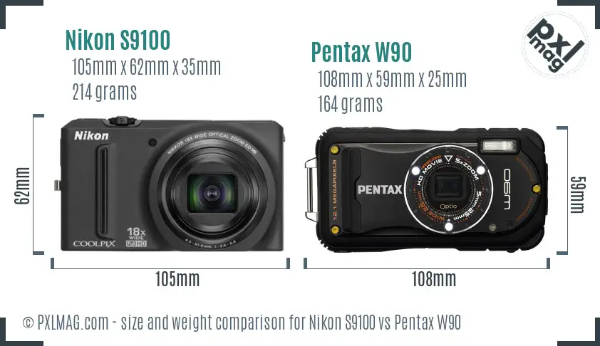 Nikon S9100 vs Pentax W90 size comparison