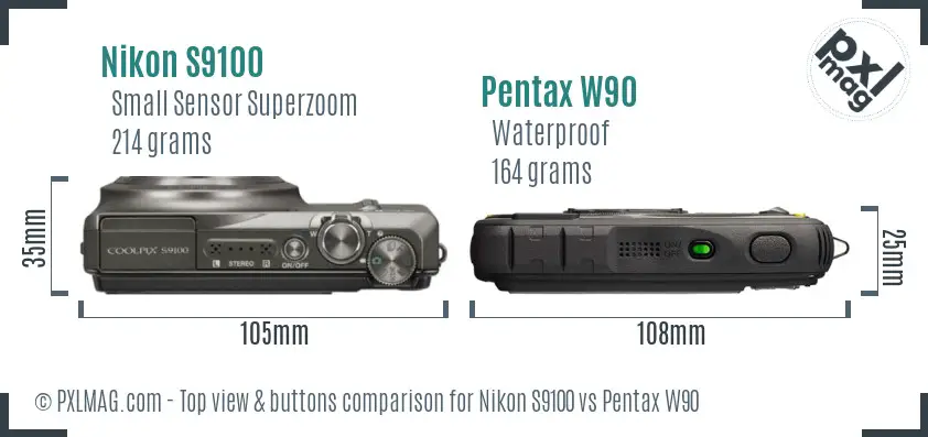 Nikon S9100 vs Pentax W90 top view buttons comparison