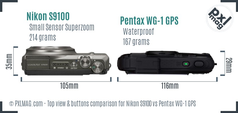 Nikon S9100 vs Pentax WG-1 GPS top view buttons comparison