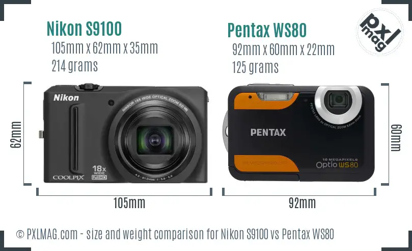 Nikon S9100 vs Pentax WS80 size comparison Nikon S9100 vs Pentax WS80 size comparison