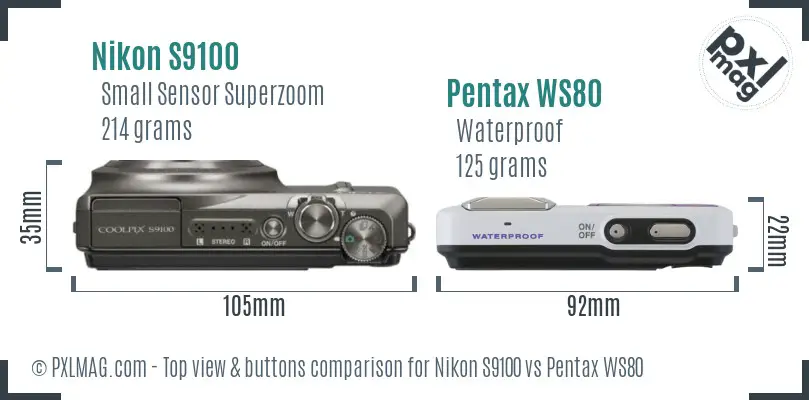 Nikon S9100 vs Pentax WS80 top view buttons comparison Nikon S9100 vs Pentax WS80 top view buttons comparison