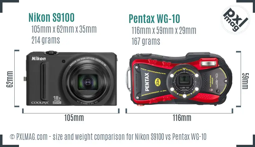 Nikon S9100 vs Pentax WG-10 size comparison