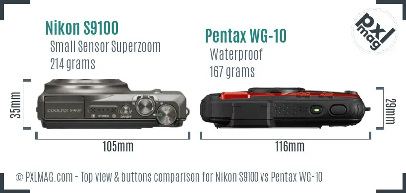 Nikon S9100 vs Pentax WG-10 top view buttons comparison