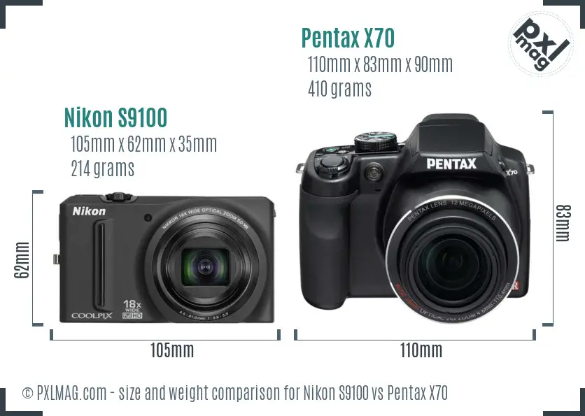 Nikon S9100 vs Pentax X70 size comparison
