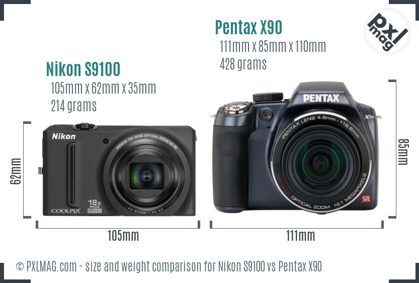 Nikon S9100 vs Pentax X90 size comparison Nikon S9100 vs Pentax X90 size comparison