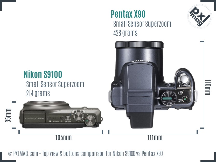 Nikon S9100 vs Pentax X90 top view buttons comparison