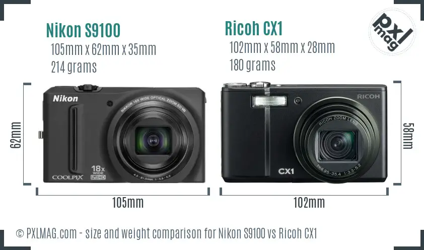 Nikon S9100 vs Ricoh CX1 size comparison