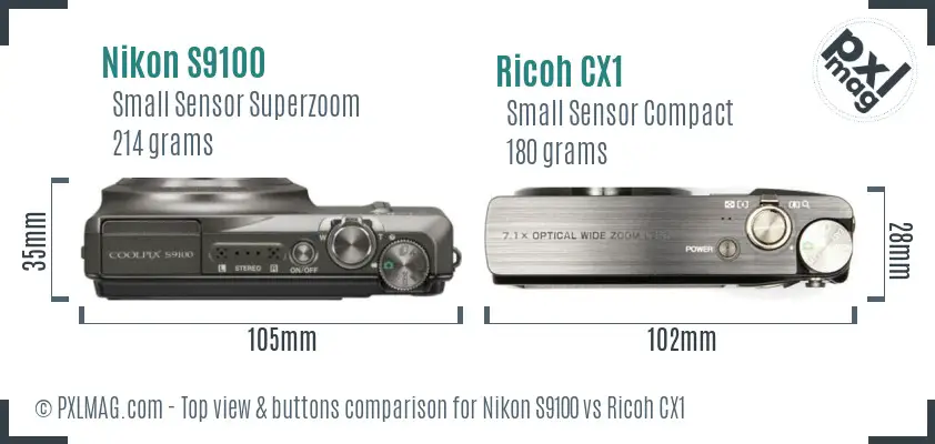 Nikon S9100 vs Ricoh CX1 top view buttons comparison