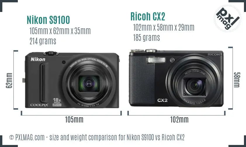 Nikon S9100 vs Ricoh CX2 size comparison