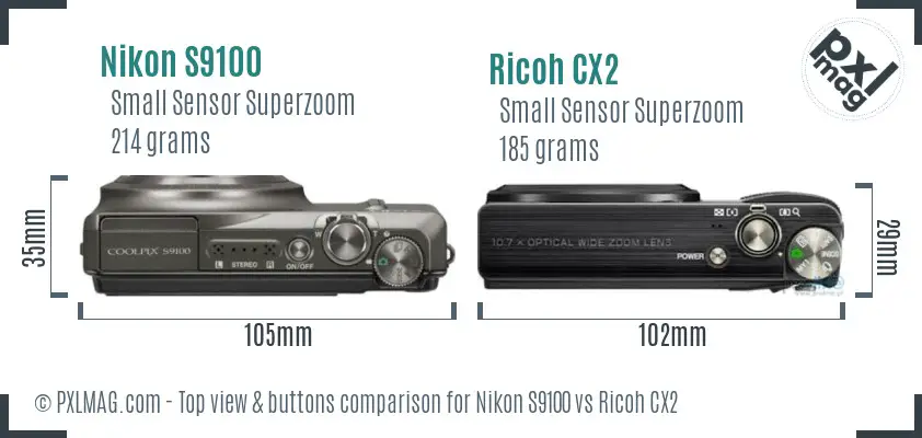 Nikon S9100 vs Ricoh CX2 top view buttons comparison