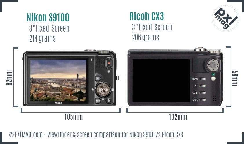 Nikon S9100 vs Ricoh CX3 Screen and Viewfinder comparison