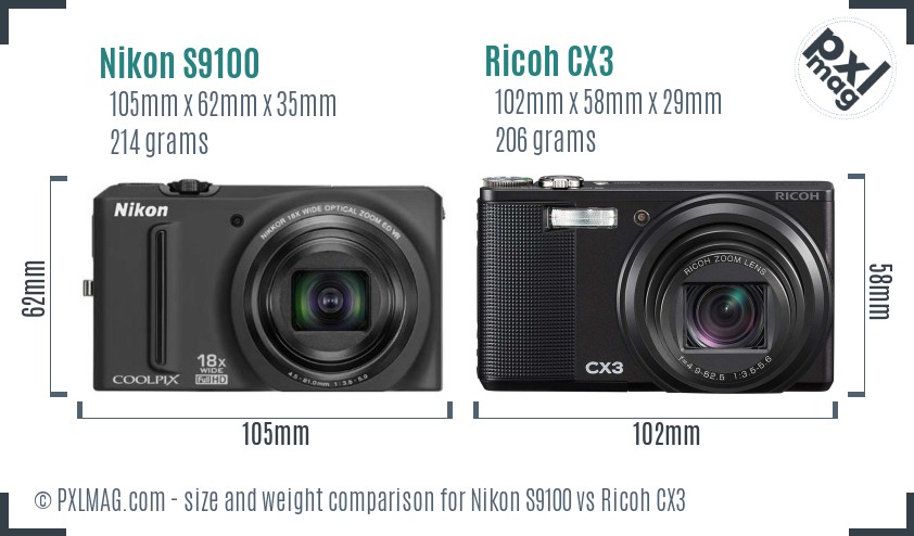 Nikon S9100 vs Ricoh CX3 size comparison