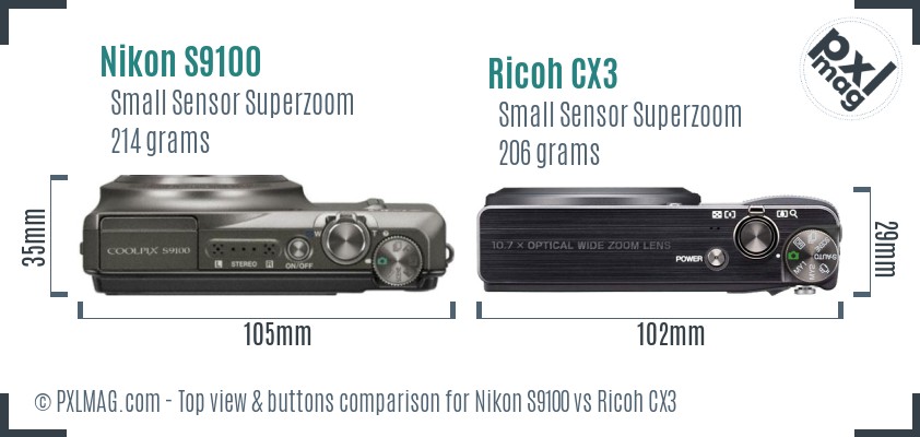 Nikon S9100 vs Ricoh CX3 top view buttons comparison