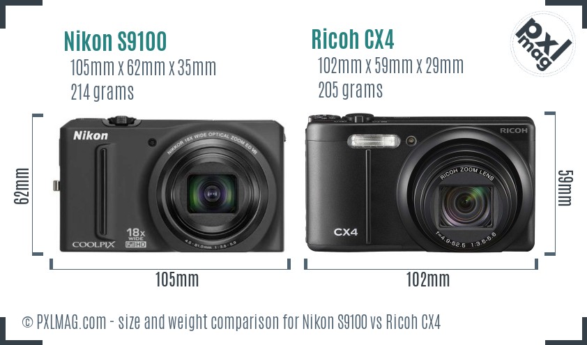 Nikon S9100 vs Ricoh CX4 size comparison