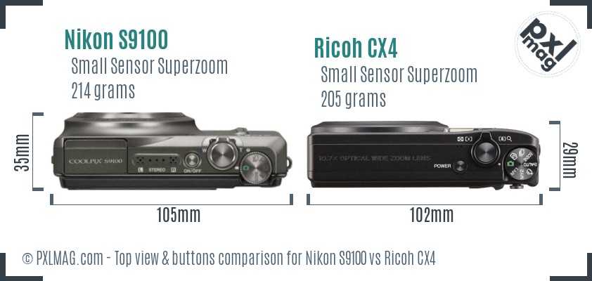 Nikon S9100 vs Ricoh CX4 top view buttons comparison