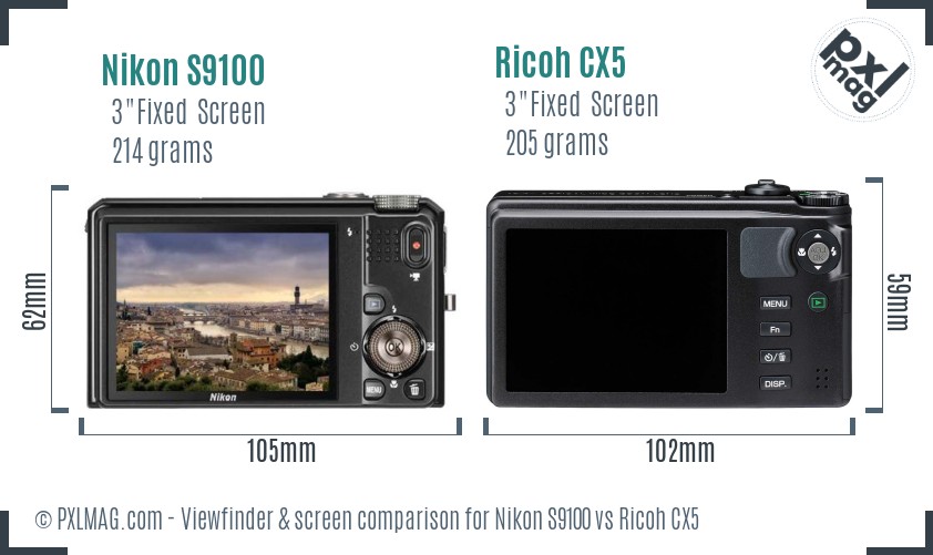 Nikon S9100 vs Ricoh CX5 Screen and Viewfinder comparison