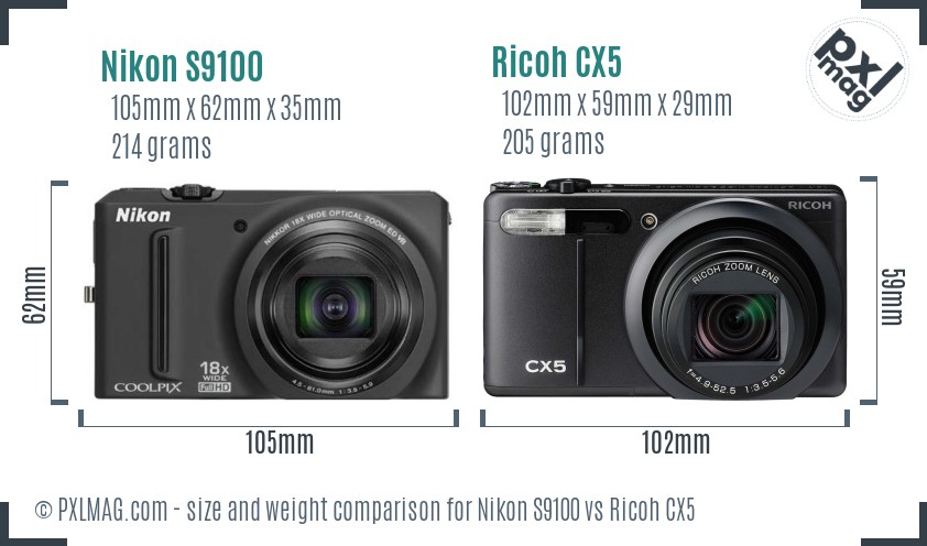 Nikon S9100 vs Ricoh CX5 size comparison