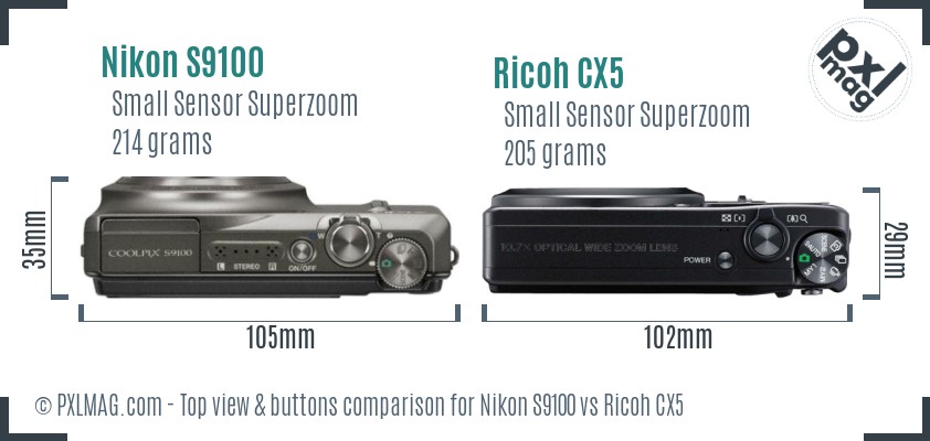 Nikon S9100 vs Ricoh CX5 top view buttons comparison