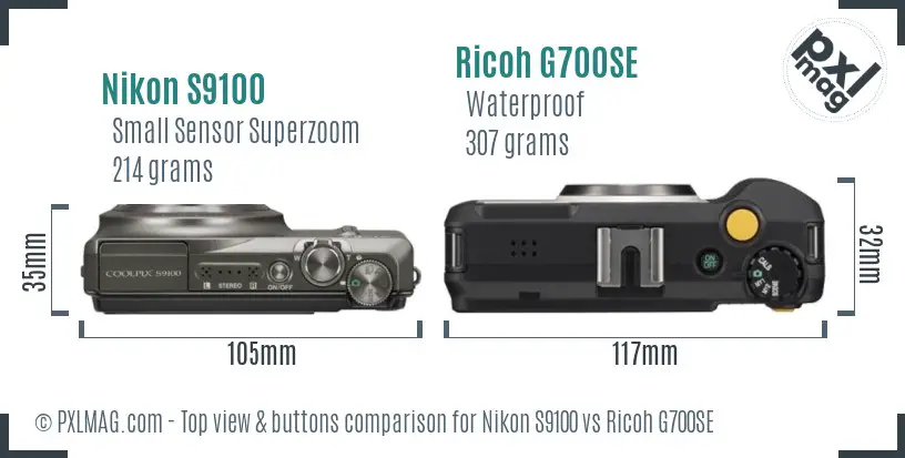 Nikon S9100 vs Ricoh G700SE top view buttons comparison