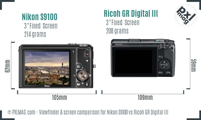 Nikon S9100 vs Ricoh GR Digital III Screen and Viewfinder comparison