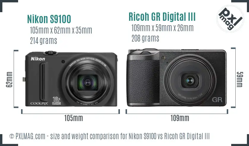 Nikon S9100 vs Ricoh GR Digital III size comparison