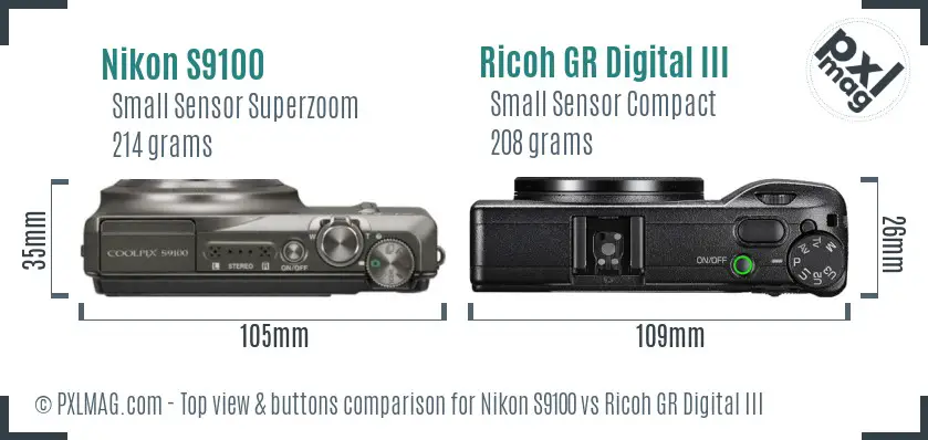 Nikon S9100 vs Ricoh GR Digital III top view buttons comparison