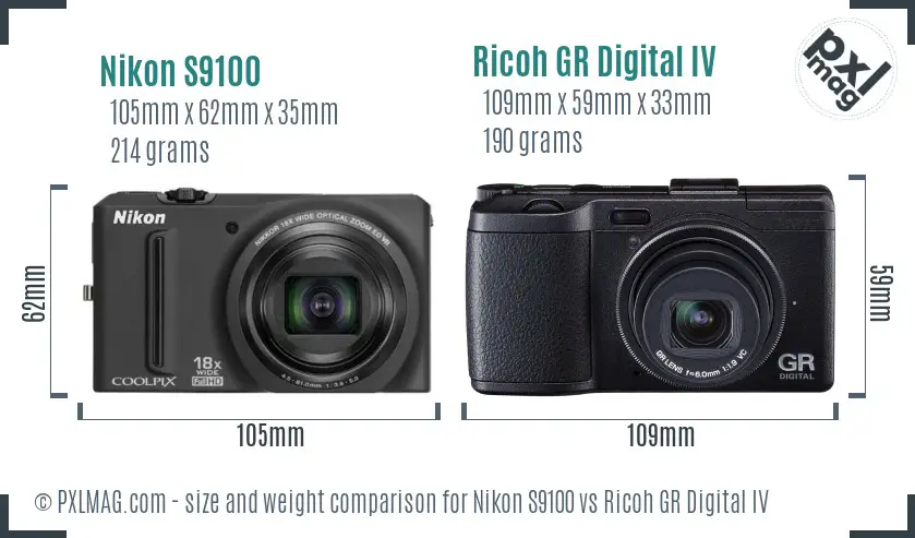 Nikon S9100 vs Ricoh GR Digital IV size comparison