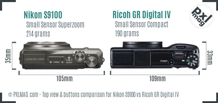 Nikon S9100 vs Ricoh GR Digital IV top view buttons comparison