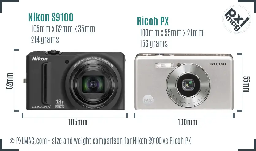 Nikon S9100 vs Ricoh PX size comparison