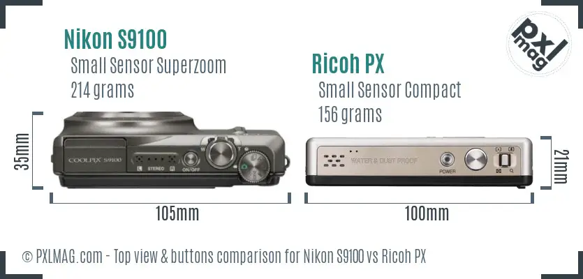 Nikon S9100 vs Ricoh PX top view buttons comparison