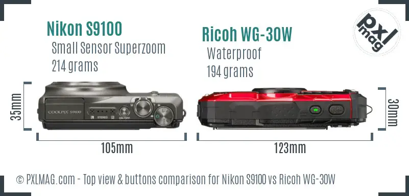 Nikon S9100 vs Ricoh WG-30W top view buttons comparison