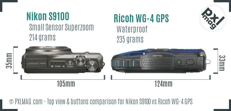 Nikon S9100 vs Ricoh WG-4 GPS top view buttons comparison