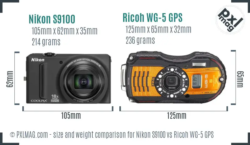 Nikon S9100 vs Ricoh WG-5 GPS size comparison Nikon S9100 vs Ricoh WG-5 GPS size comparison