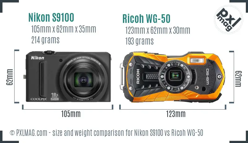 Nikon S9100 vs Ricoh WG-50 size comparison