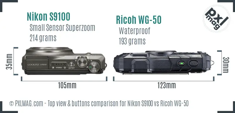 Nikon S9100 vs Ricoh WG-50 top view buttons comparison