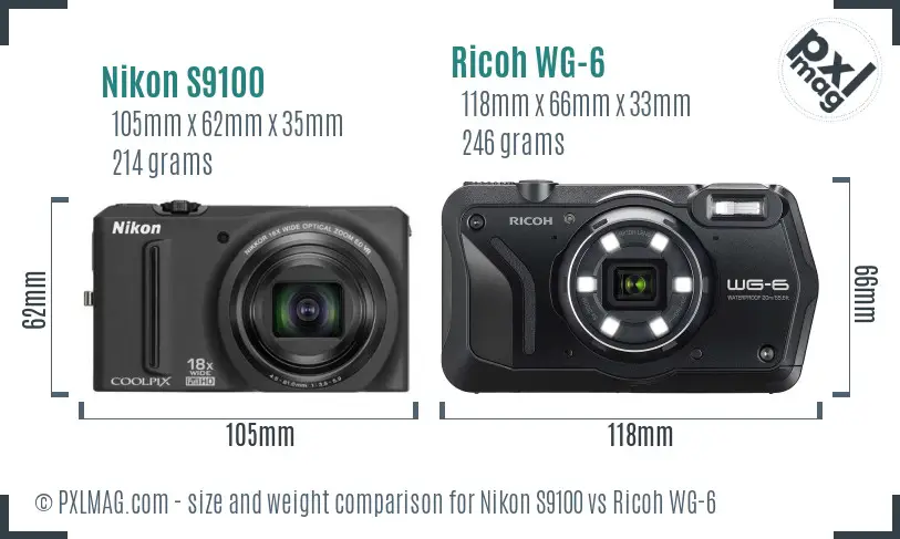 Nikon S9100 vs Ricoh WG-6 size comparison