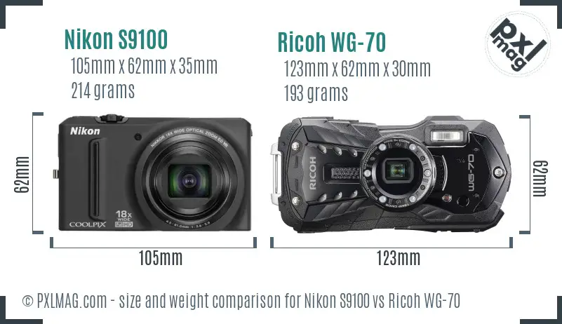 Nikon S9100 vs Ricoh WG-70 size comparison