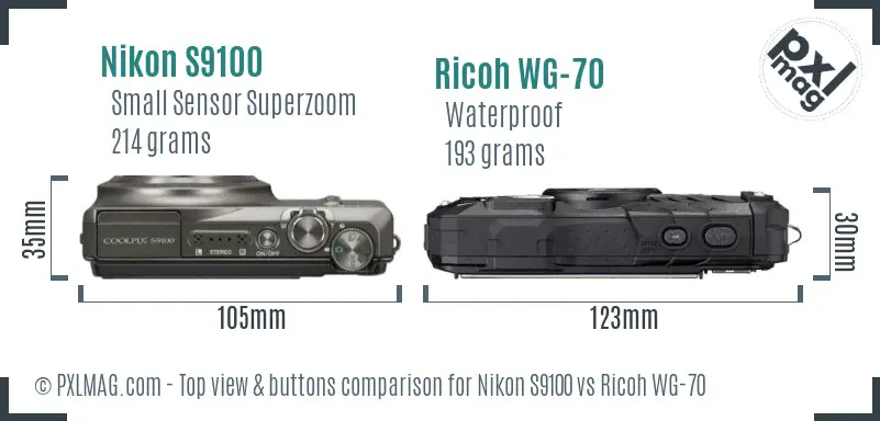 Nikon S9100 vs Ricoh WG-70 top view buttons comparison