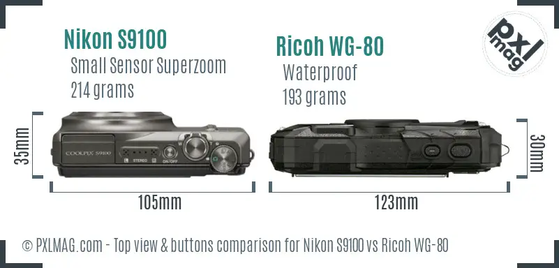 Nikon S9100 vs Ricoh WG-80 top view buttons comparison Nikon S9100 vs Ricoh WG-80 top view buttons comparison