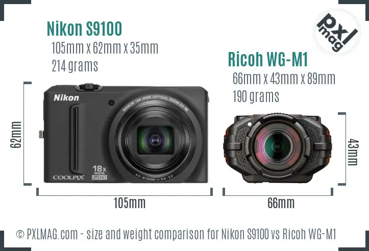 Nikon S9100 vs Ricoh WG-M1 size comparison