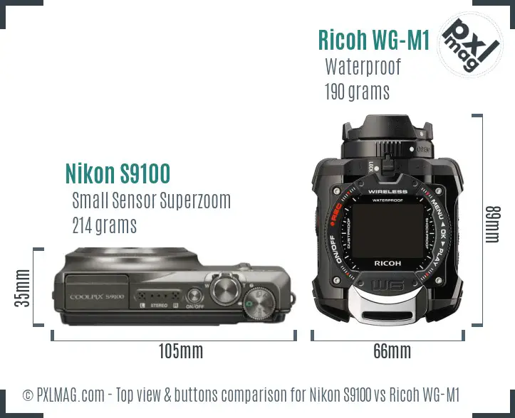 Nikon S9100 vs Ricoh WG-M1 top view buttons comparison
